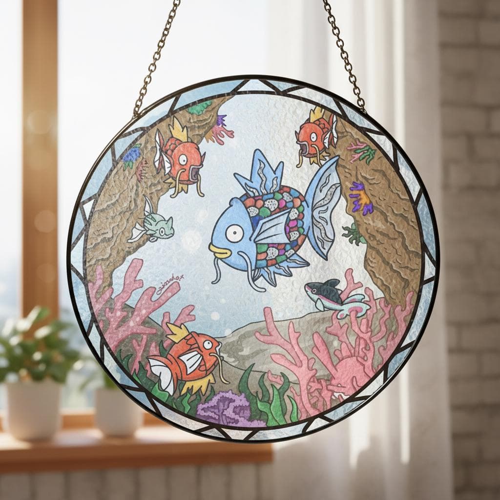 Magikarp to Gyarados Stained Glass Suncatcher, Pokemon Inspired Underwater Window Hanging, Ocean Aquarium Decor Gift