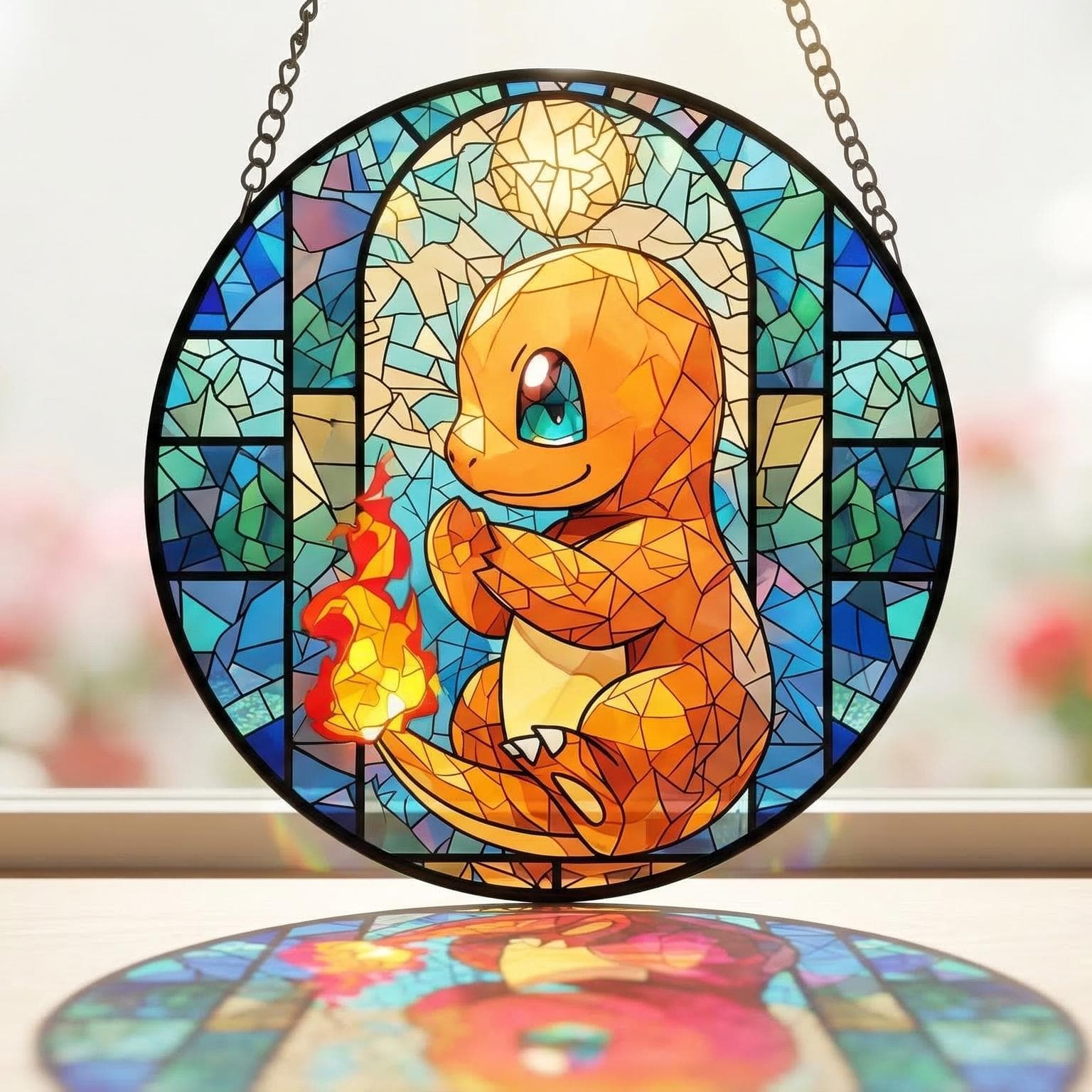 Handcraft Charmander Stained Glass Suncatcher, Fire Charmander Window Hanging Decor, Charmander Suncatcher Gift, Charmander Fans Collectors