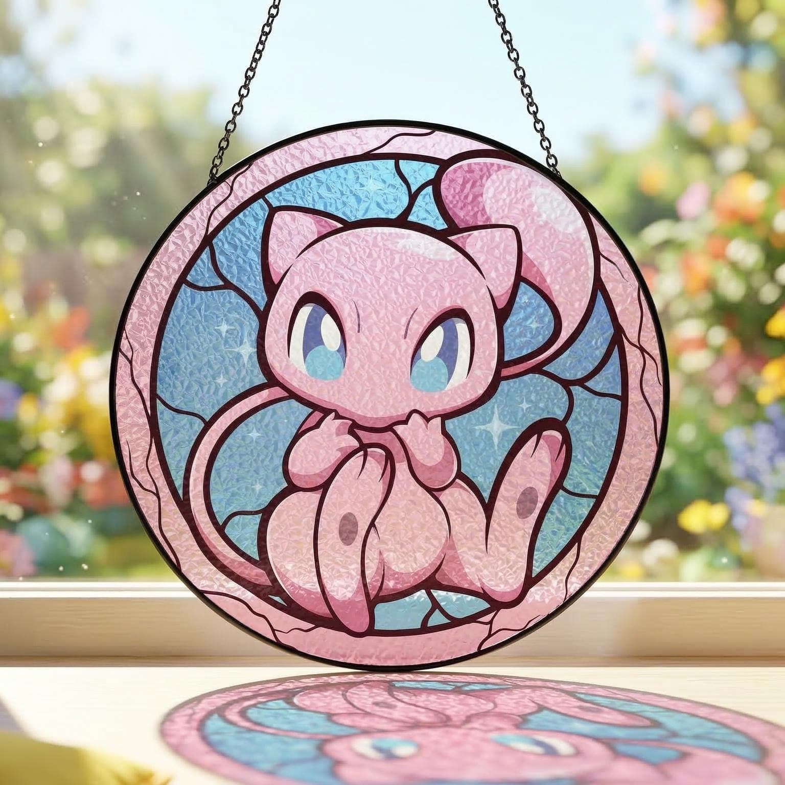 Mew Stained Glass Suncatcher, Cute Legendary Pokemon Window Hanging, Kawaii Anime Room Decor, Pokemon Fan Gift