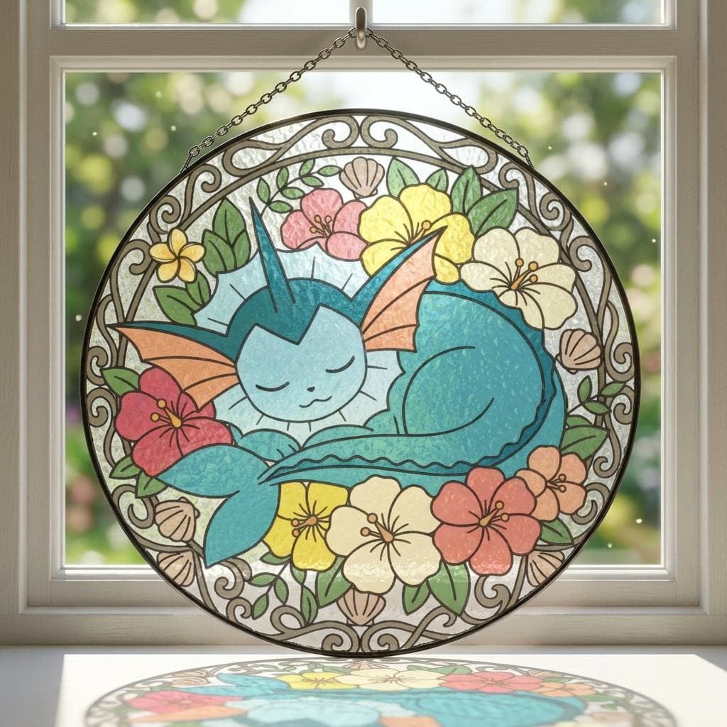 Vaporeon Floral Stained Glass Suncatcher, Pokemon Window Hanging Decor, Anime Glass Art Ornament, Cute Pokemon Gift for Gamers