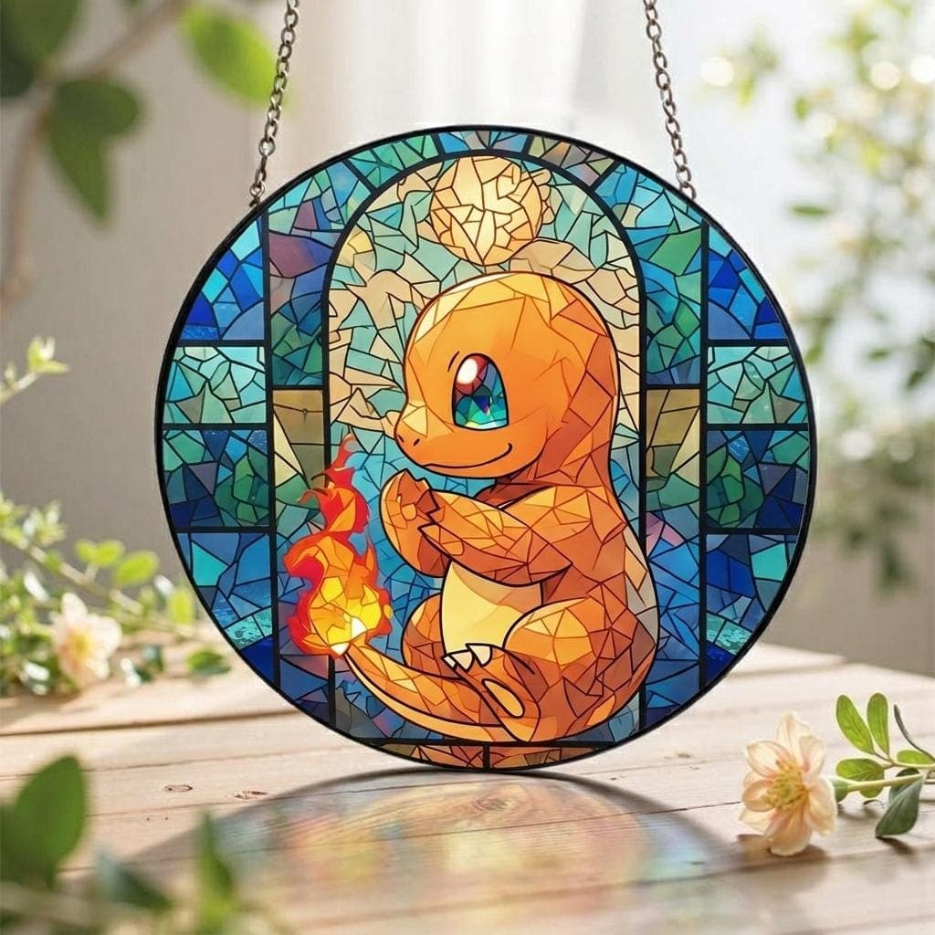 Handmade Charmander Stained Glass Suncatcher, Fire Charmander Window Hanging Decor, Charmander Suncatcher Gift, Charmander Fans Collectors