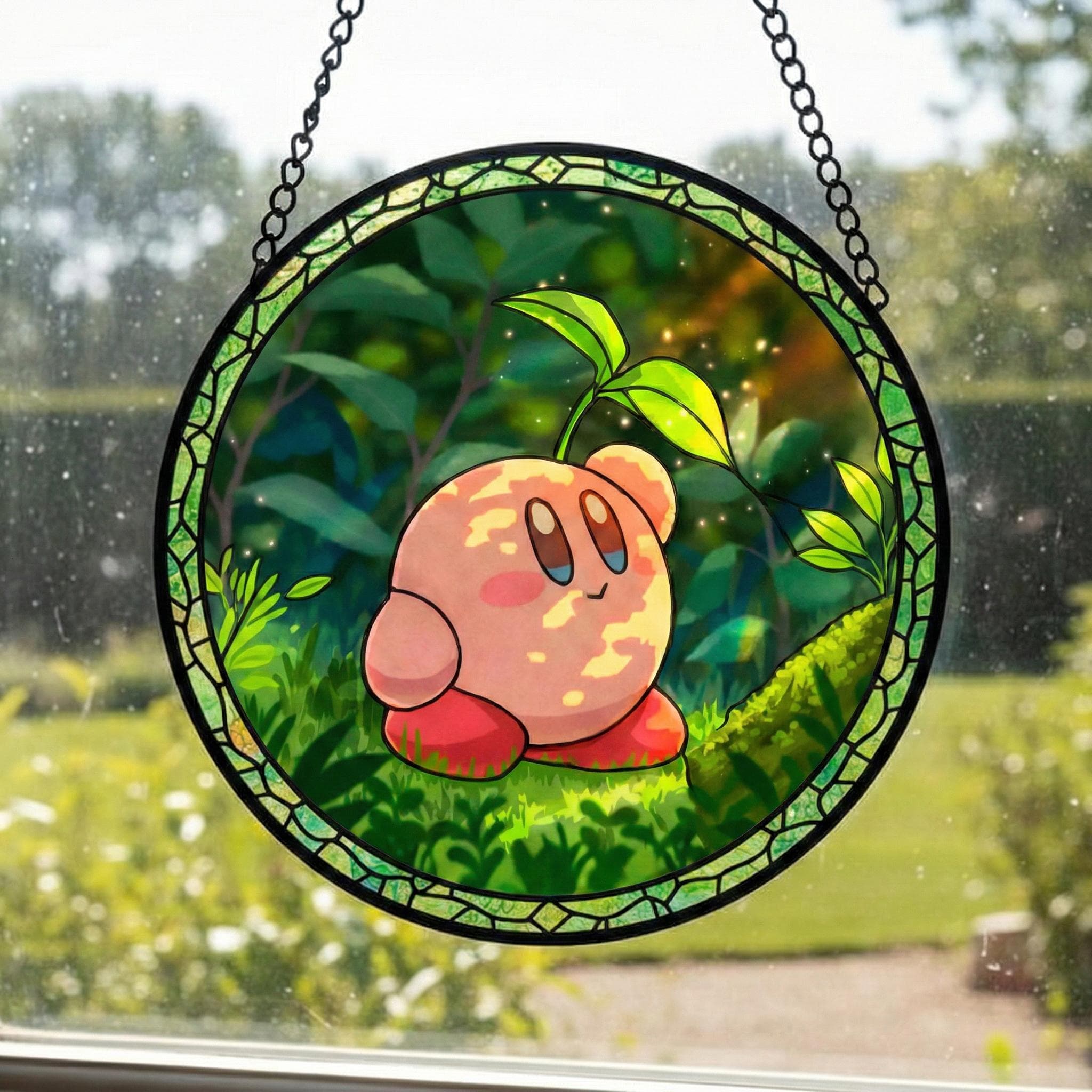 Kirby Stained Glass Suncatcher, Kawaii Gamer Decor