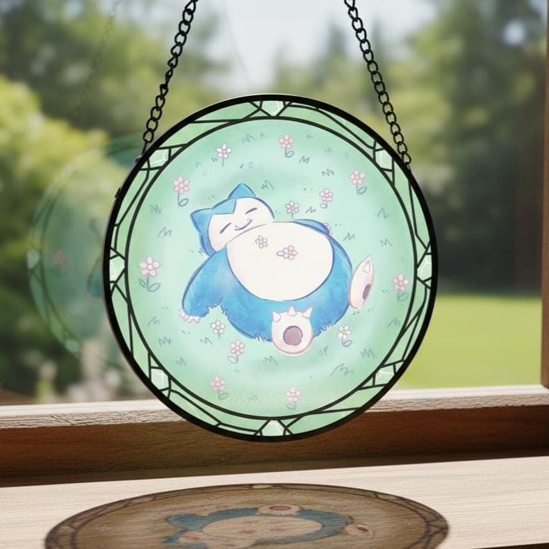 Snorlax Stained Glass Suncatcher, Cute Sleeping Pokemon Window Hanging, Pastel Anime Room Decor, Gamer Gift, Collector Wall Art