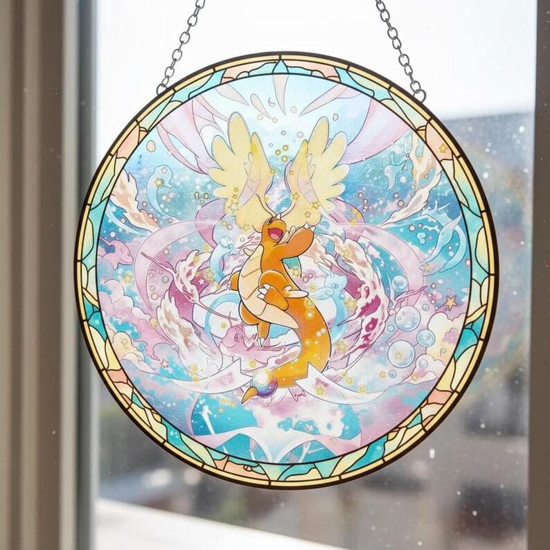 Dragonite Handcrafted Pokemon Glass Suncatcher, Pokemon Window Art Hanging Decor, Pokemon Gift For Fans Collections, Pokemon Gift Idea