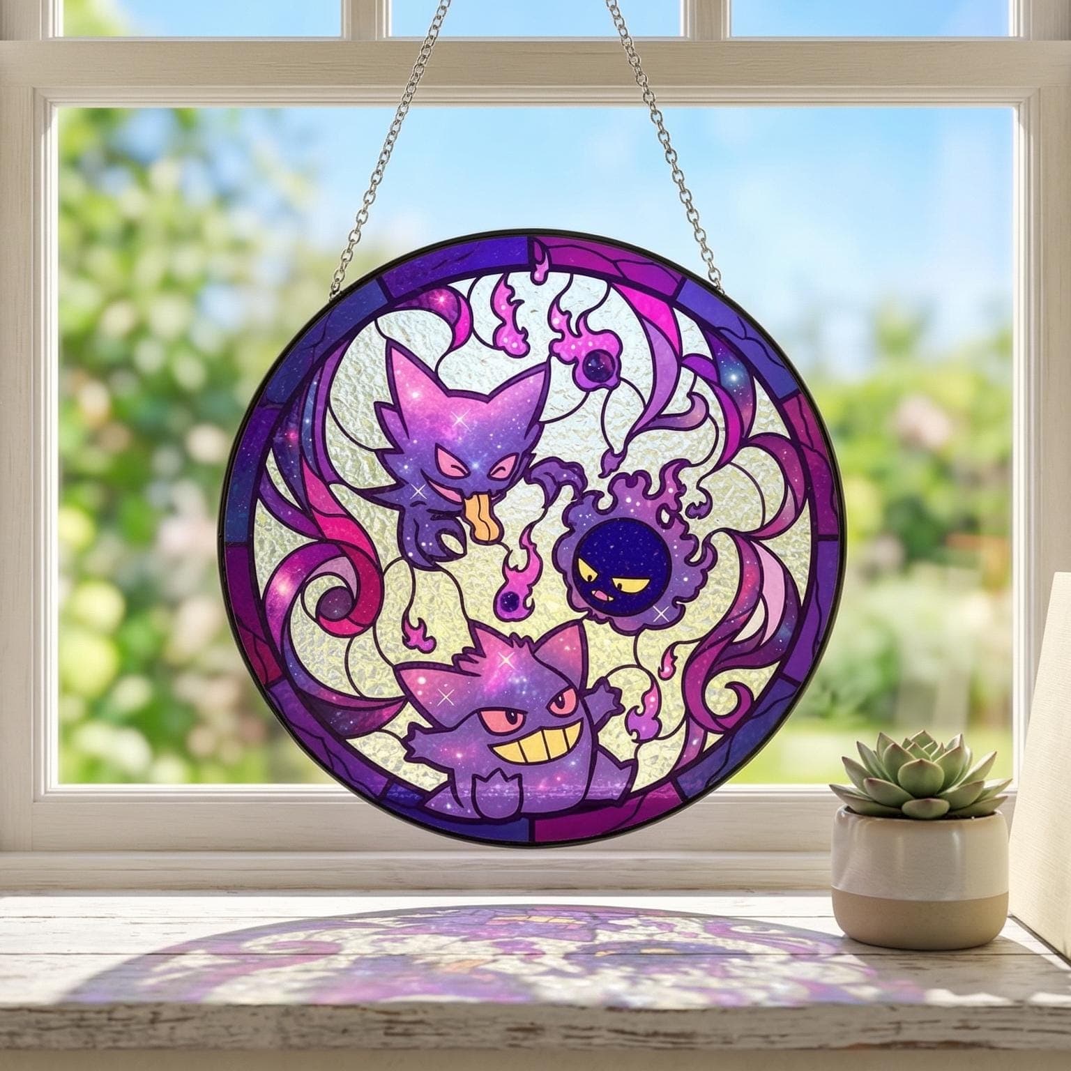 Gengar Haunter Gastly Stained Glass Suncatcher, Ghost Pokemon Window Hanging, Spooky Anime Gamer Room Decor, Pokemon Fan Gift