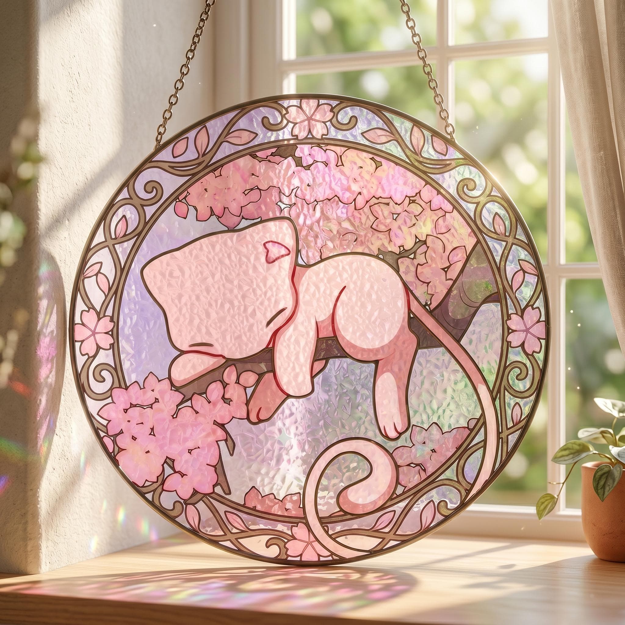 Pokemon Mew Suncatcher Stained Glass, Pink Anime Window Hanging, Cherry Blossom Decor, Kawaii Gamer Gift, Pokemon Fan Art