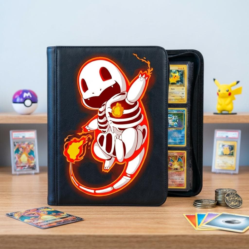 Chamander Skeleton Pokemon Binder, TCG Trading Card Game Album, Fire Skull Charmander Style Card Holder, Custom Leather Binder Gift