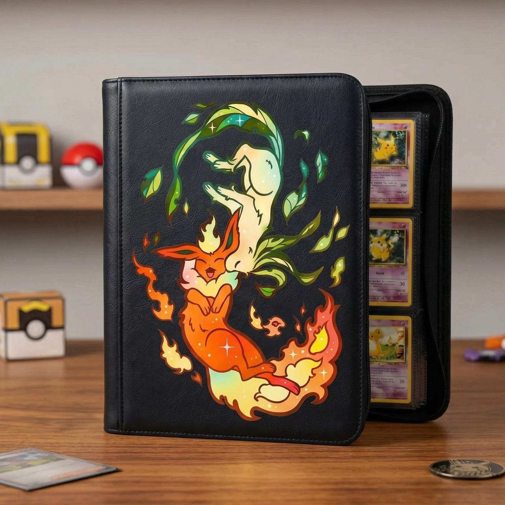 Flareon Leafeon Pokemon Card Binder, Eeveelution TCG Album, Fire Grass Pokemon Storage Folder, Trading Card Collector Gift