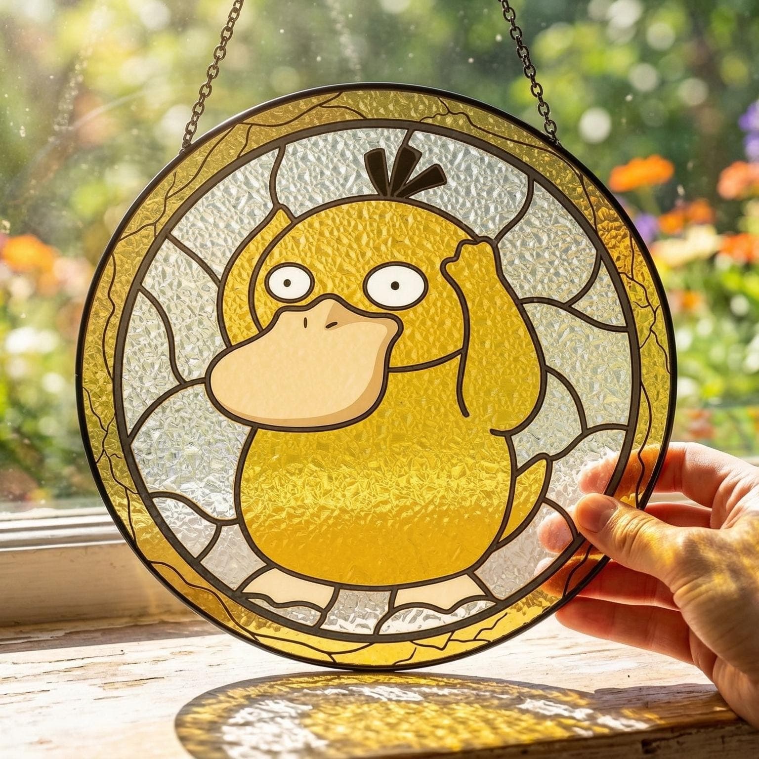 Psyduck Stained Glass Suncatcher, Funny Yellow Pokemon Window Hanging, Cute Anime Gamer Room Decor, Psyduck Pokemon Fan Gift