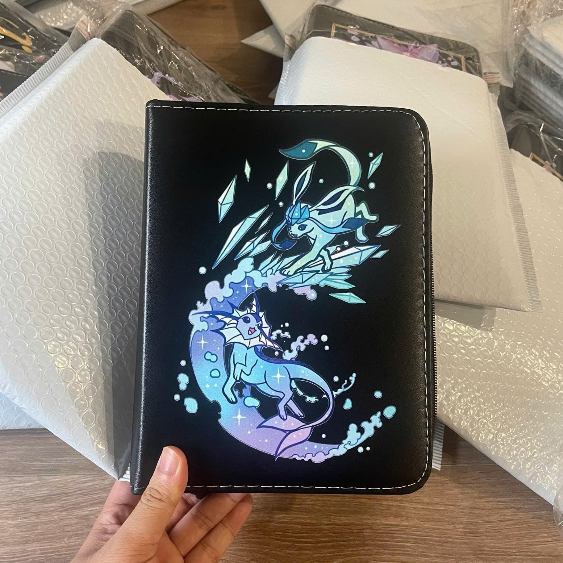 Vaporeon Glaceon Evee Pokemon Binder, Eeveelution Zipper Binder, Water Ice Anime Trading Card Album Gift, Pokemon Lover Gift