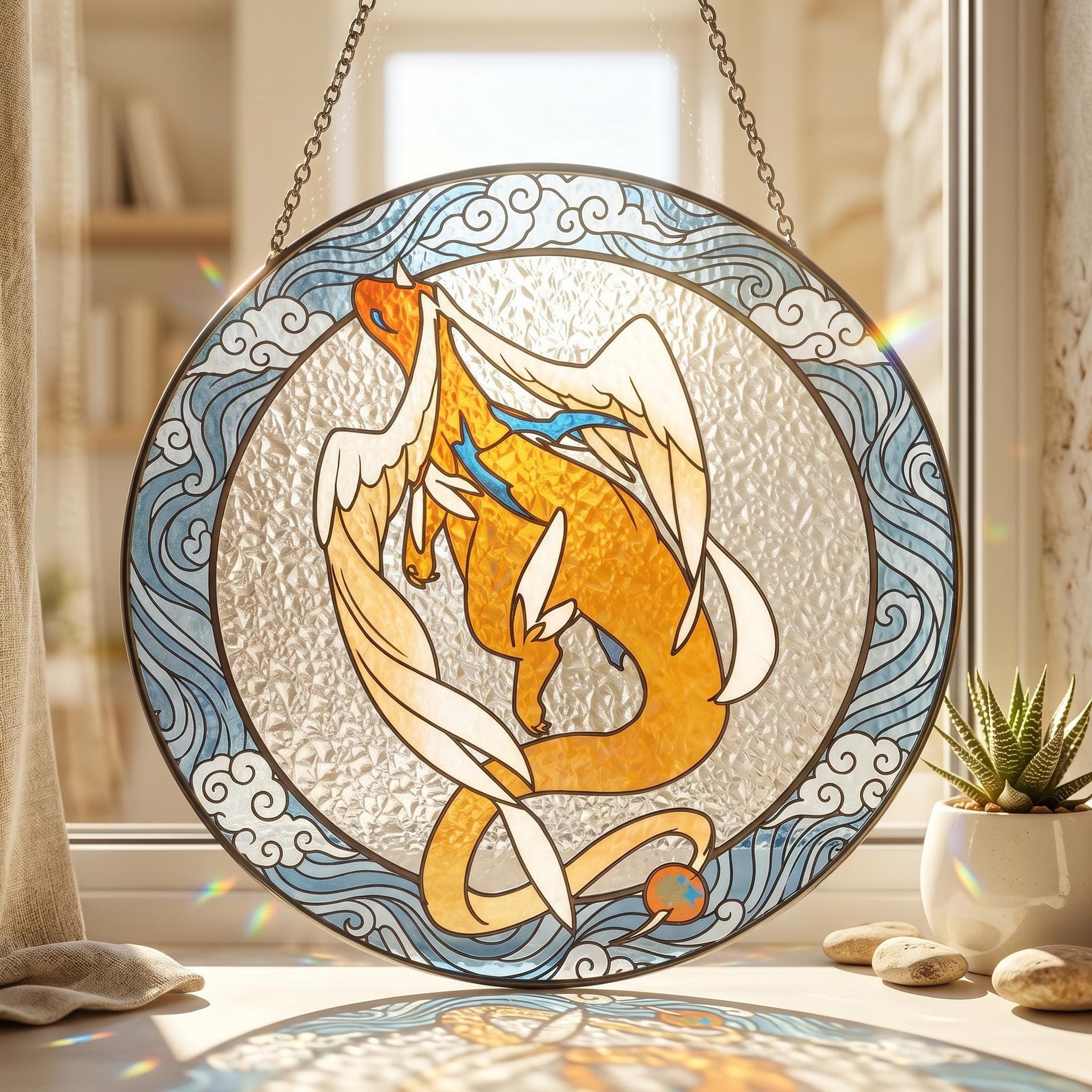 Dragonite Pokemon Stained Glass Suncatcher, Fantasy Window Hanging, Blue Orange Glass Art, Handmade Sun Catcher, Anime Style Home Decor Gift