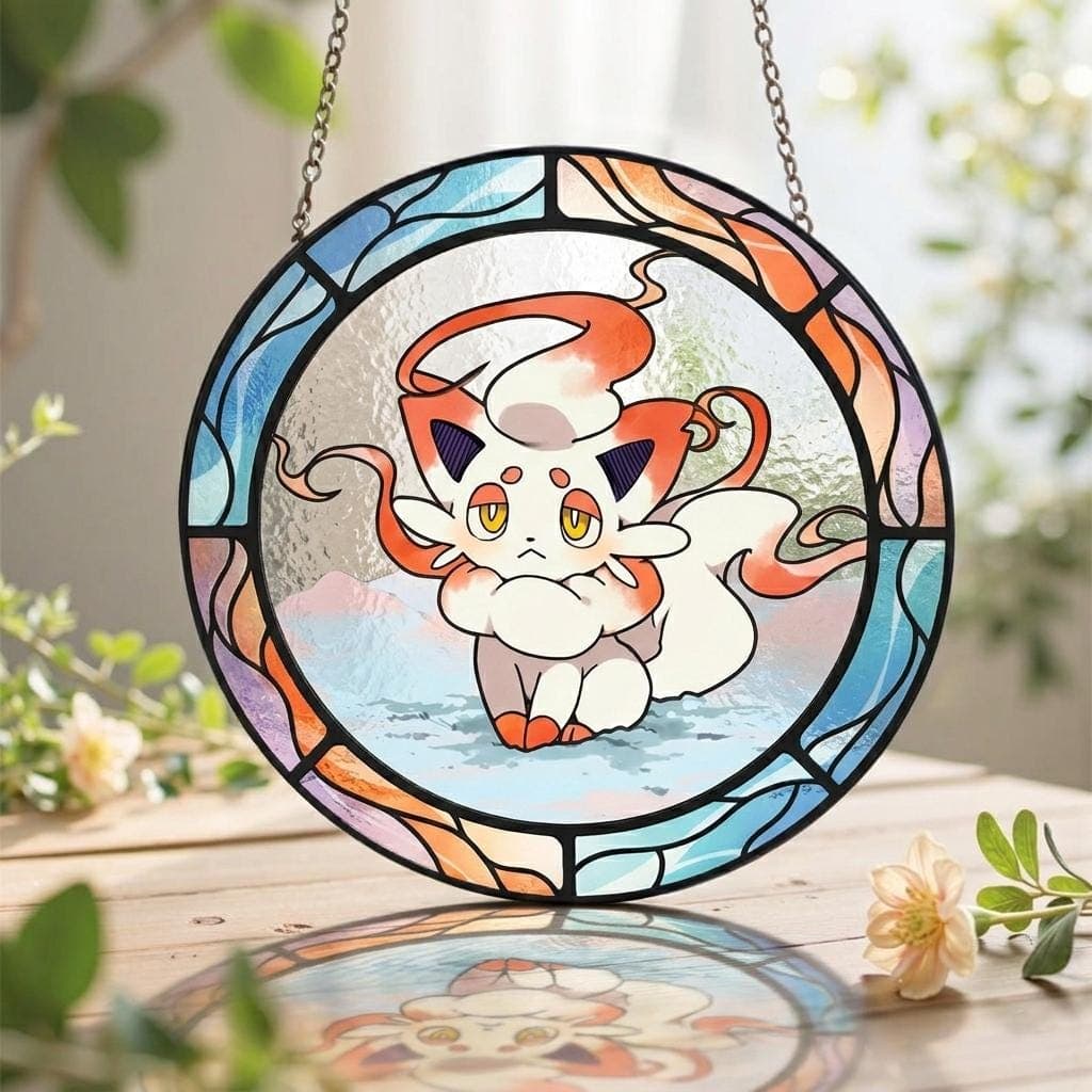 Zorua Stained Glass Suncatcher, Cute Dark Fox Pokemon Window Hanging, Anime Gamer Room Decor, Gen 5 Fan Gift