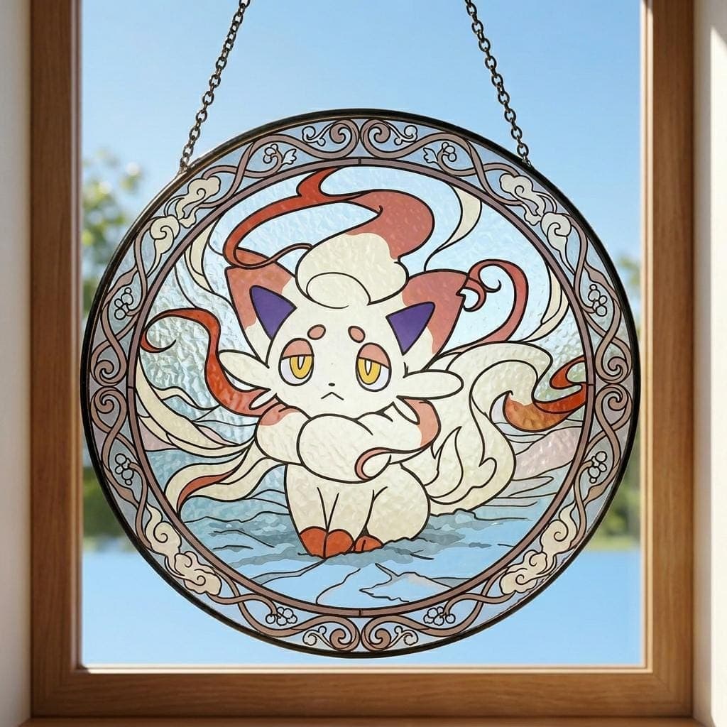 Zorua Pokemon Stained Glass Suncatcher, Cute Fantasy Window Hanging, Handmade Style Sun Catcher Decor Gift