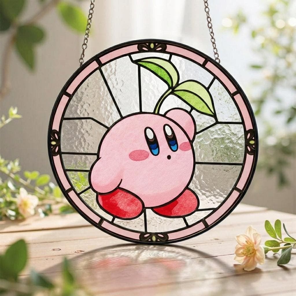 Kirby Stained Glass Suncatcher, Kawaii Gamer Decor