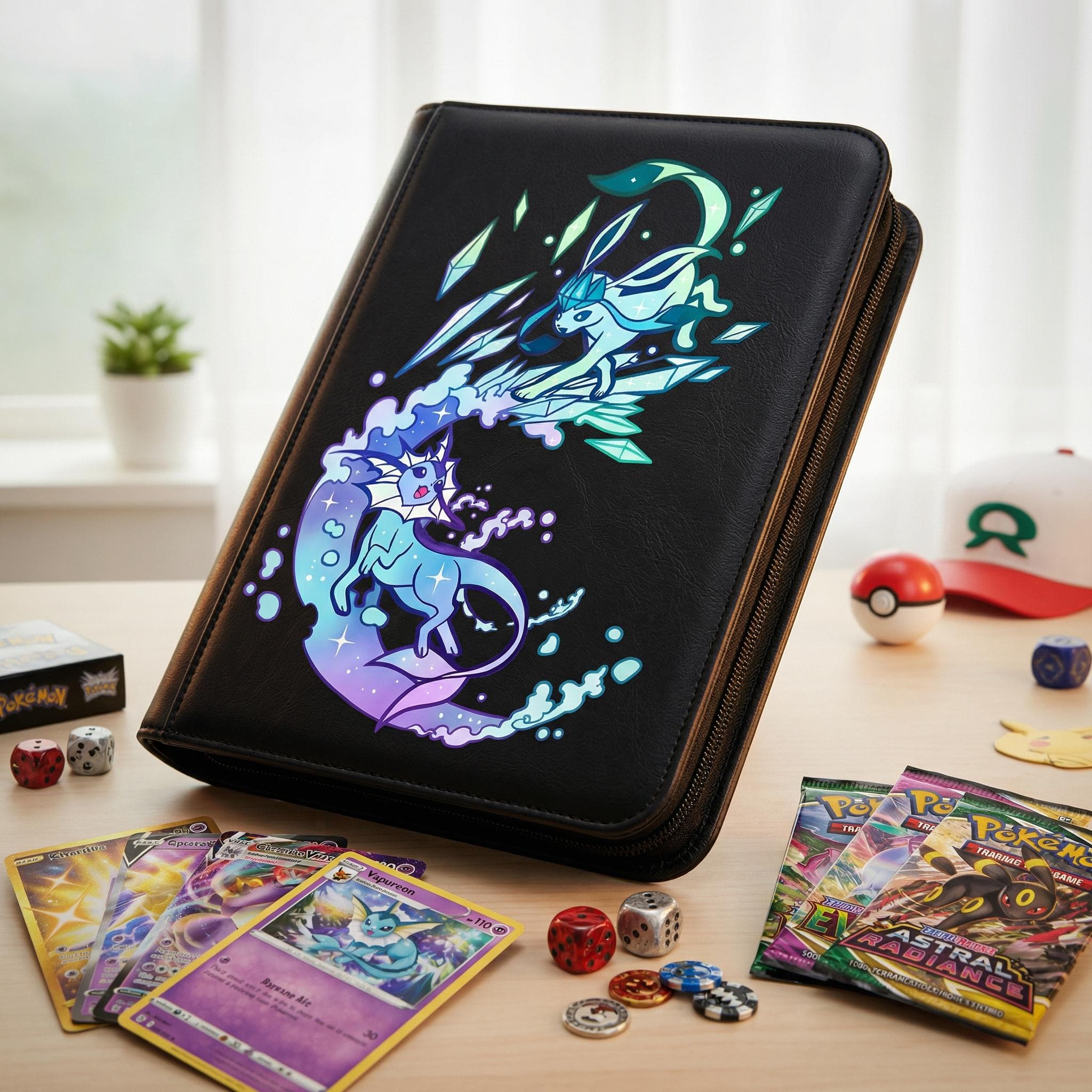 Vaporeon Glaceon Evee Pokemon Binder, Eeveelution Zipper Binder, Water Ice Anime Trading Card Album Gift, Pokemon Lover Gift