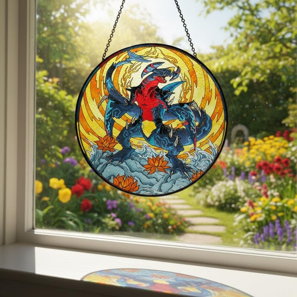 Mega Garchomp Handcrafted Pokemon Glass Suncatcher, Mega Gaburiasu Window Art Hanging Decor, Pokemon Gift For Fans Collections, Pokemon Gift