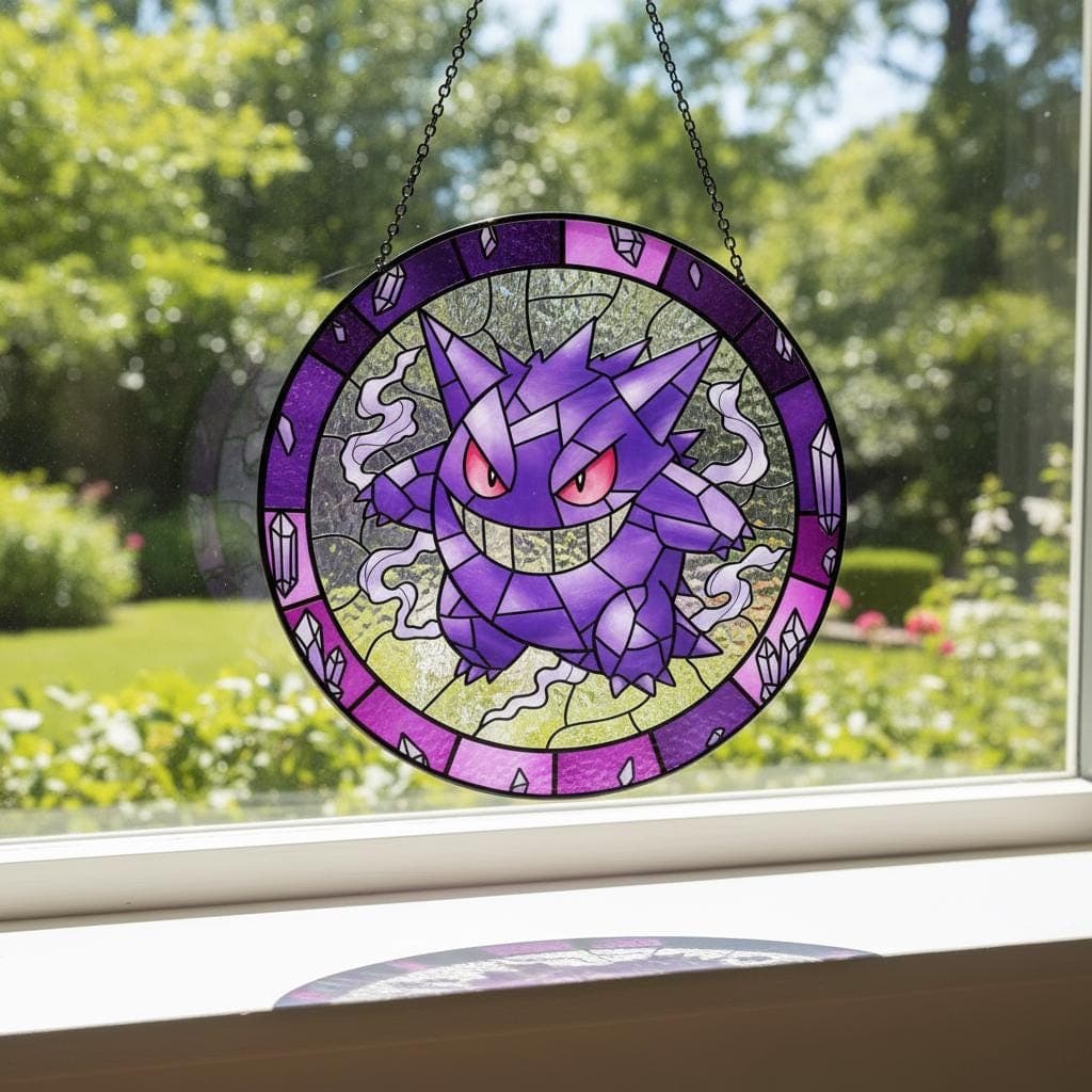 Gengar Handcrafted Pokemon Glass Suncatcher, Handcrafted Ghost Pokémon Suncatcher, Gift for Fans& Collectors, Gothic Pokémon Home