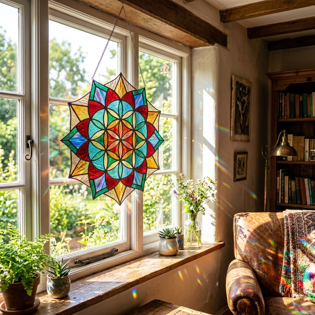 Stained glass suncatcher catching sunlight in a window